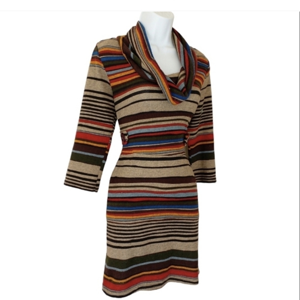 Papillon Beige Orange Blue Multicolour Striped Boho Hippie Dress